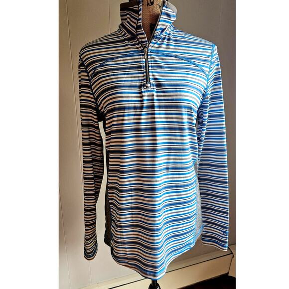 NEW NILS, Ski Shop, Blue/White Stripe 1/4 Zip collared shirt Activewear. Sz L - Picture 1 of 8